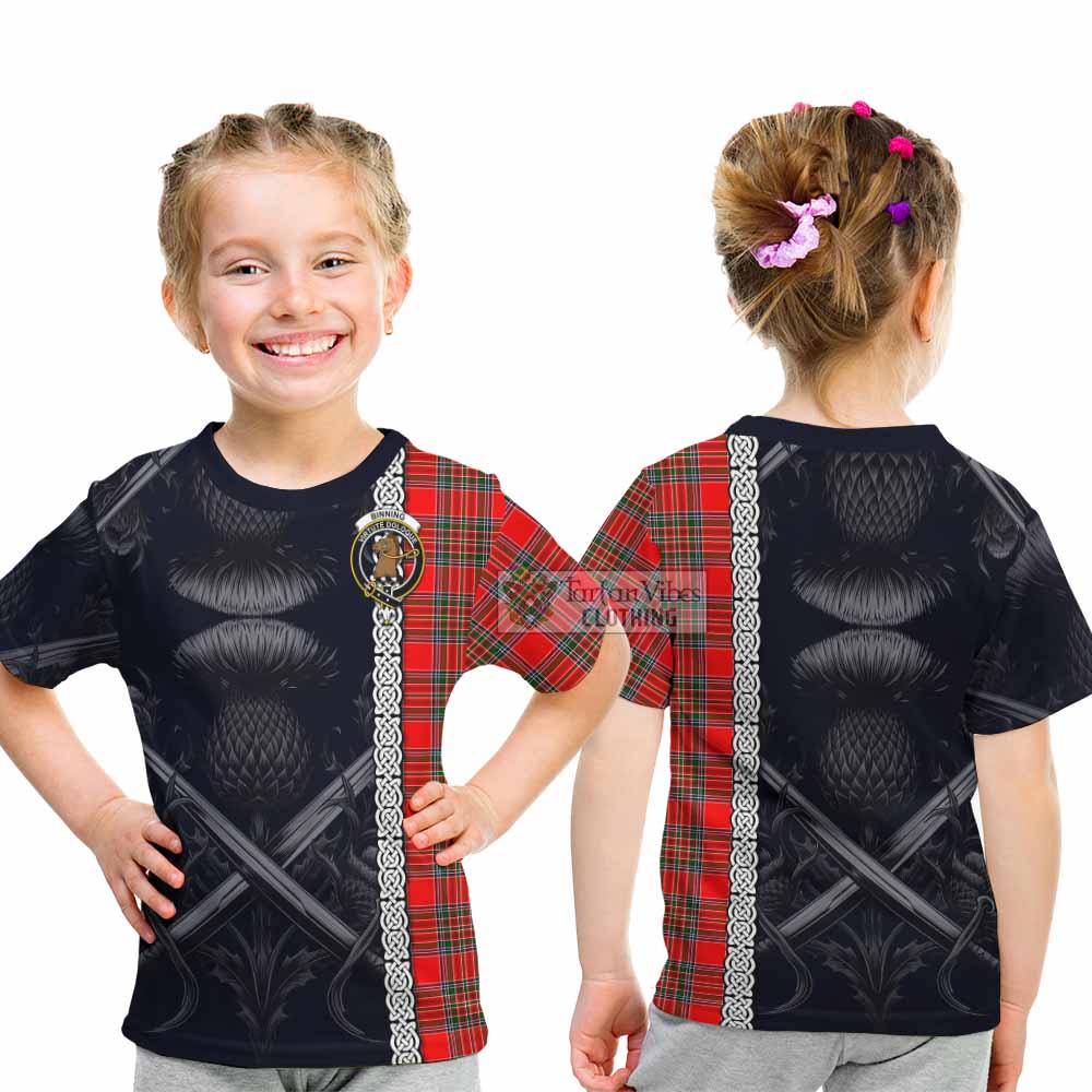 Binning Tartan Kid T-Shirt with Family Crest Cross Sword Thistle Celtic Vibes - Tartan Vibes Clothing