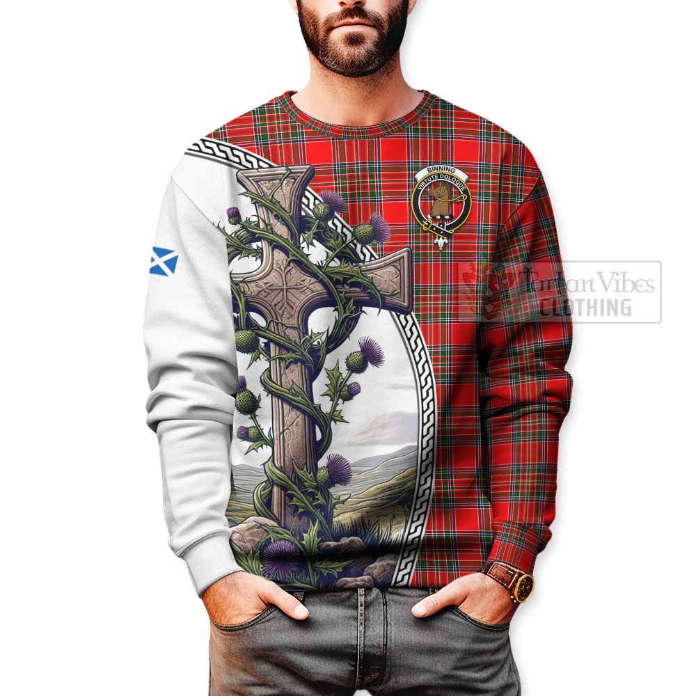 Binning Tartan Sweatshirt with Family Crest and St. Andrew's Cross Accented by Thistle Vines - Tartan Vibes Clothing