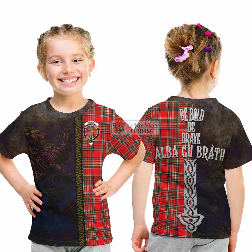 Binning Tartan Family Crest Kid T-Shirt Alba Gu Brath Be Brave Lion Ancient Style - Tartan Vibes Clothing