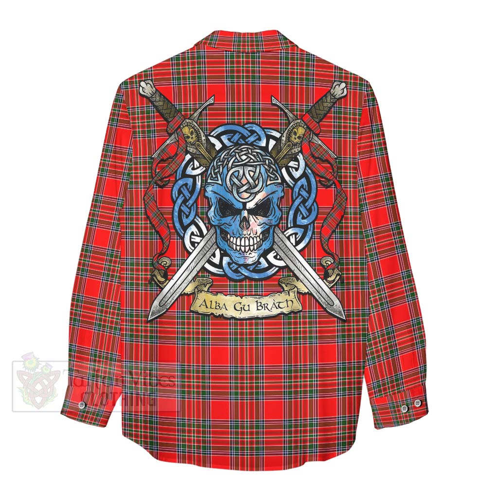 Binning Tartan Women's Casual Shirt with Family Crest Celtic Skull Style - Tartan Vibes Clothing
