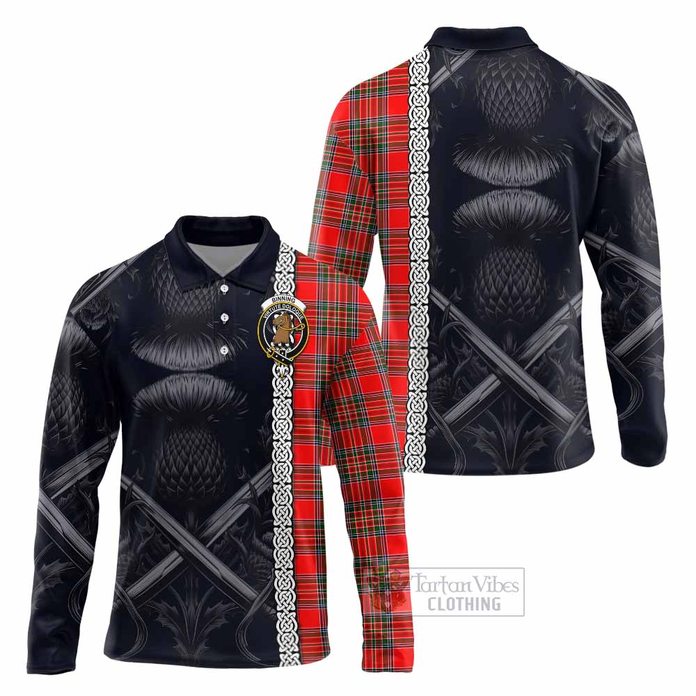 Binning Tartan Long Sleeve Polo Shirt with Family Crest Cross Sword Thistle Celtic Vibes - Tartan Vibes Clothing