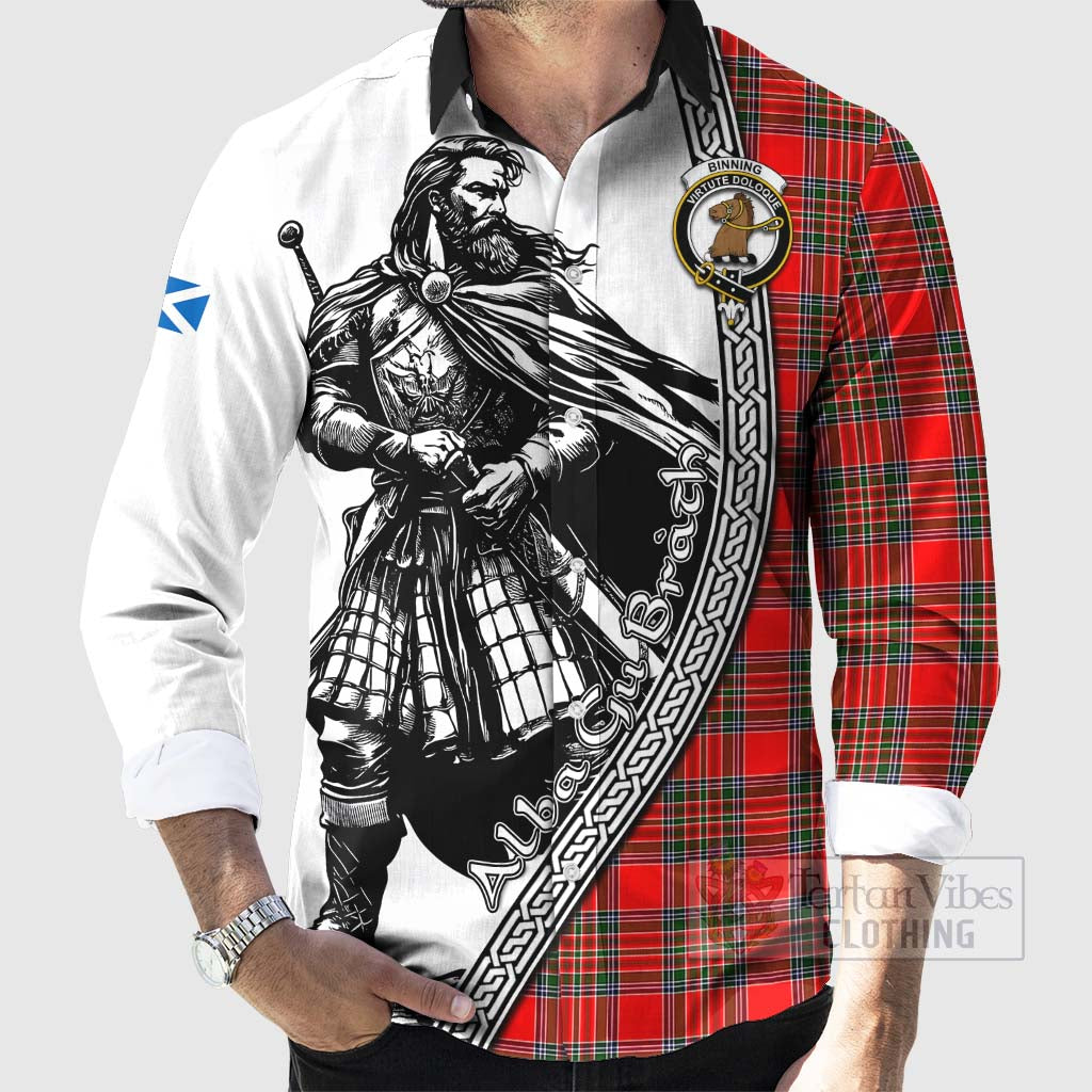 Binning Tartan Clan Crest Long Sleeve Button Shirt with Highlander Warrior Celtic Style - Tartan Vibes Clothing