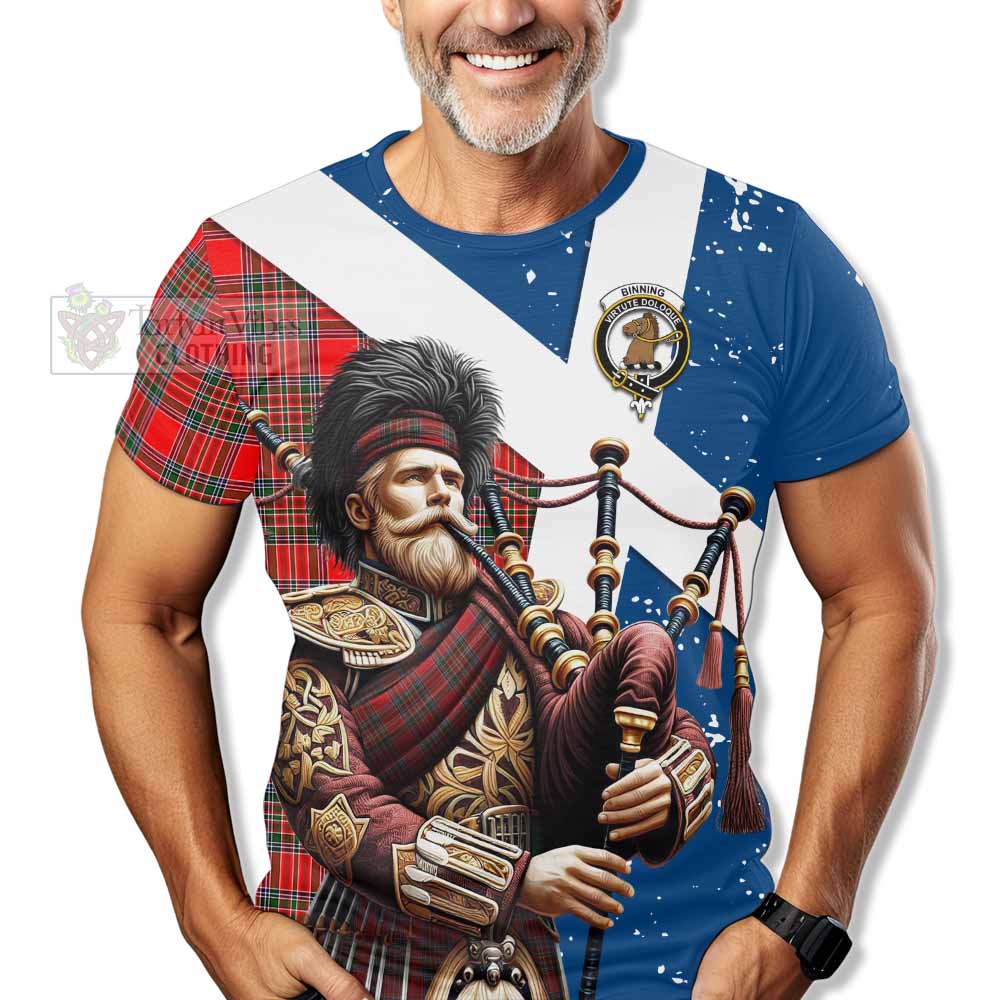 Binning Tartan T-Shirt with Family Crest Scottish Bagpiper Vibes - Tartan Vibes Clothing