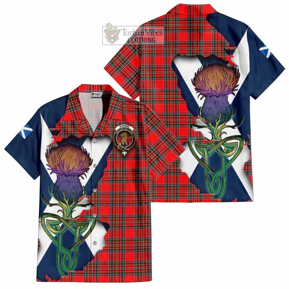 Tartan Vibes Clothing Binning Tartan Family Crest Short Sleeve Button Shirt Scottish Thistle Celtic Inspired