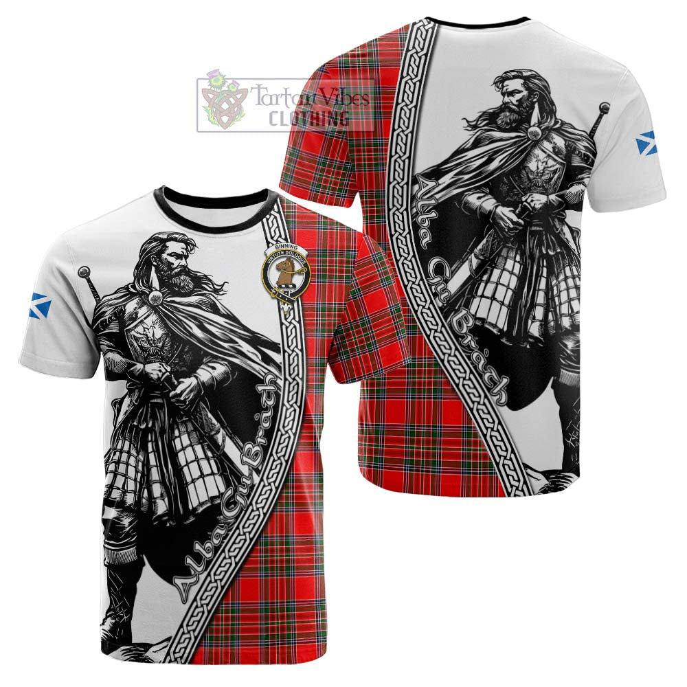 Binning Tartan Clan Crest Cotton T-shirt with Highlander Warrior Celtic Style - Tartan Vibes Clothing