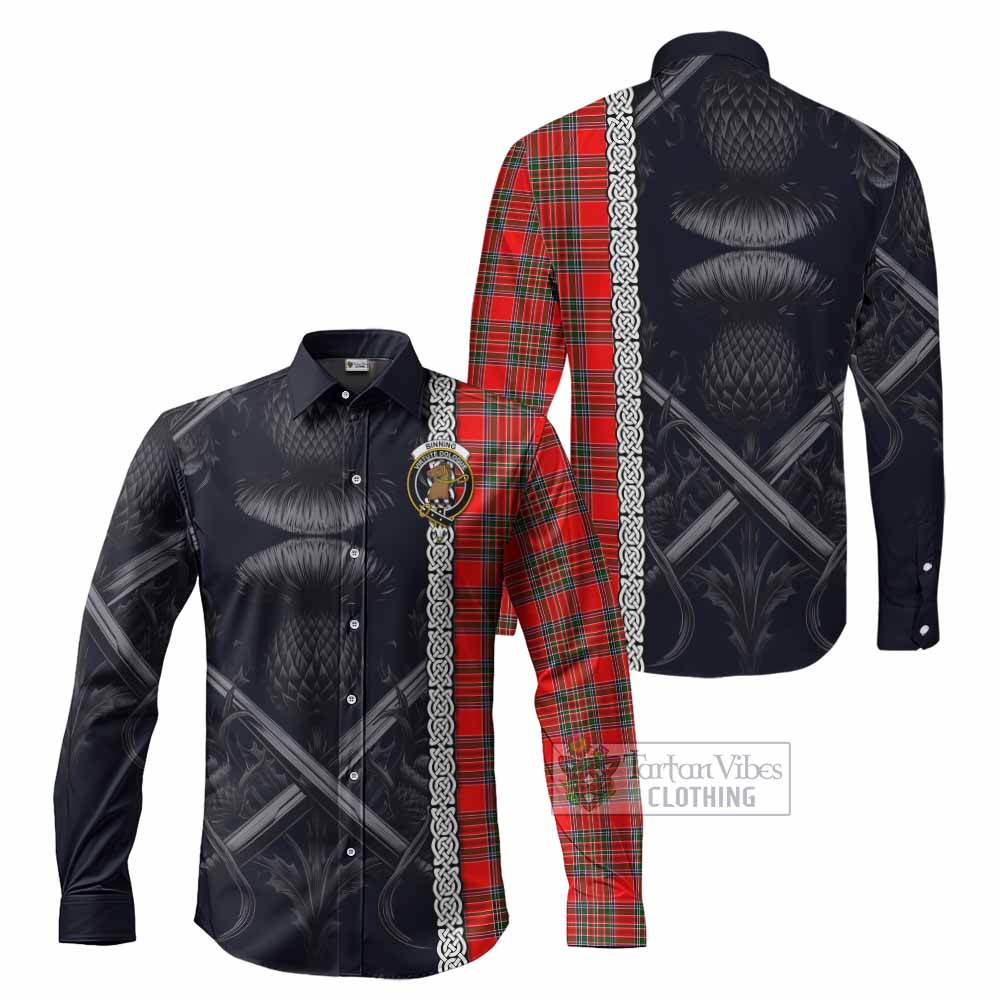 Tartan Vibes Clothing Binning Tartan Long Sleeve Button Shirt with Family Crest Cross Sword Thistle Celtic Vibes