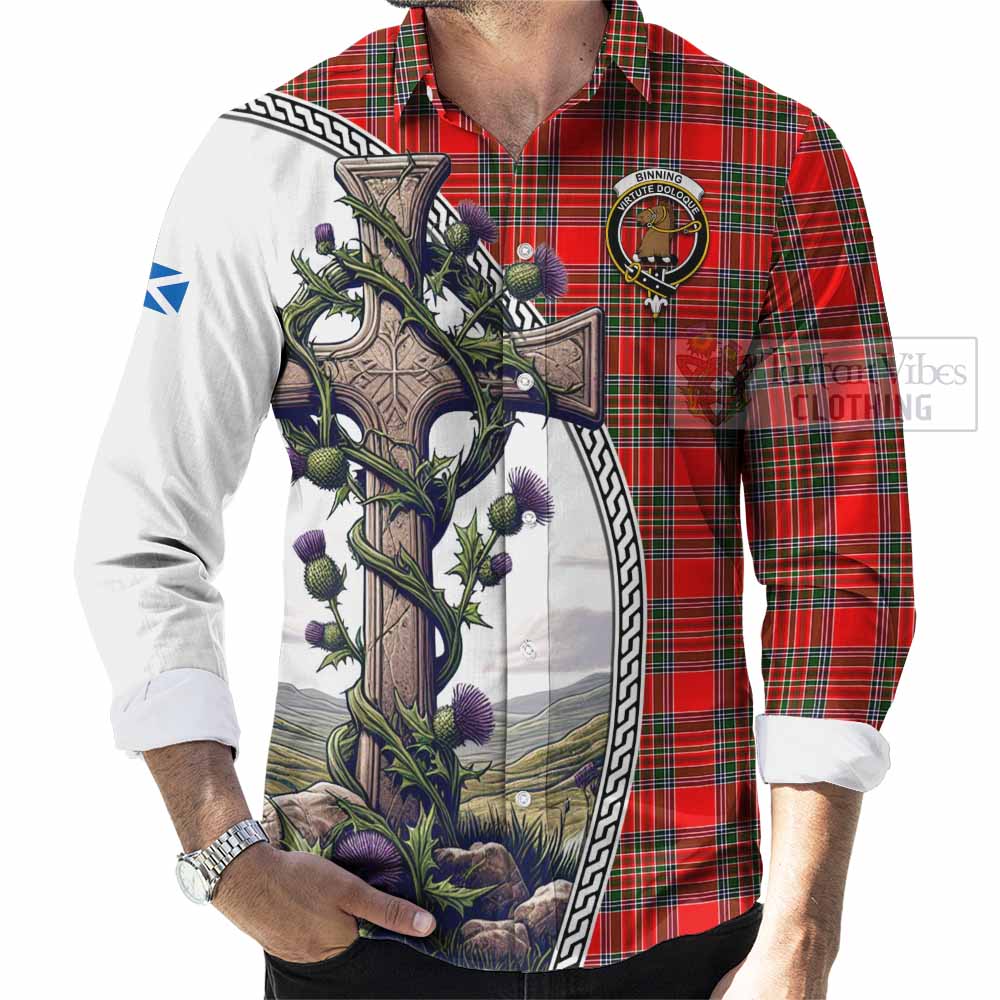 Binning Tartan Long Sleeve Button Shirt with Family Crest and St. Andrew's Cross Accented by Thistle Vines - Tartan Vibes Clothing