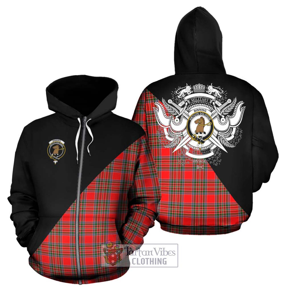 Binning Tartan Hoodie with Family Crest and Military Logo Style - Tartan Vibes Clothing