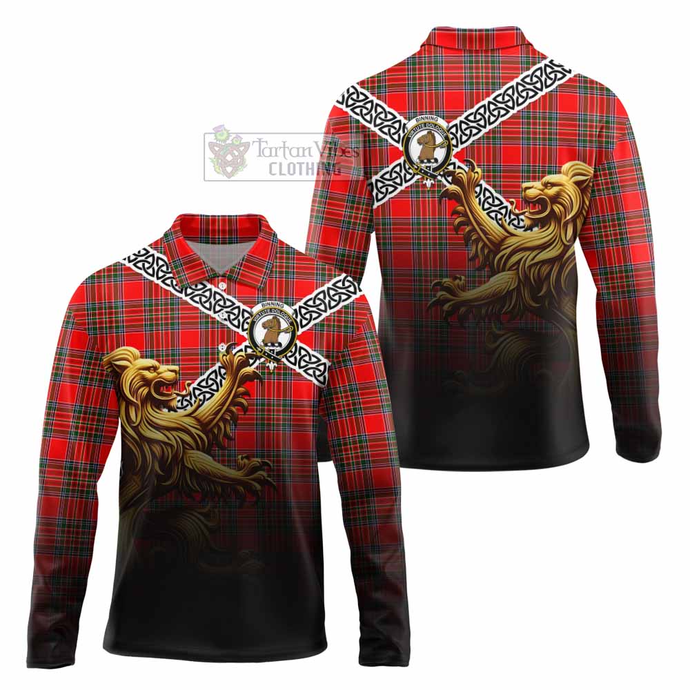 Binning Crest Tartan Long Sleeve Polo Shirt with Golden Lion Emblem Celtic Style - Tartan Vibes Clothing