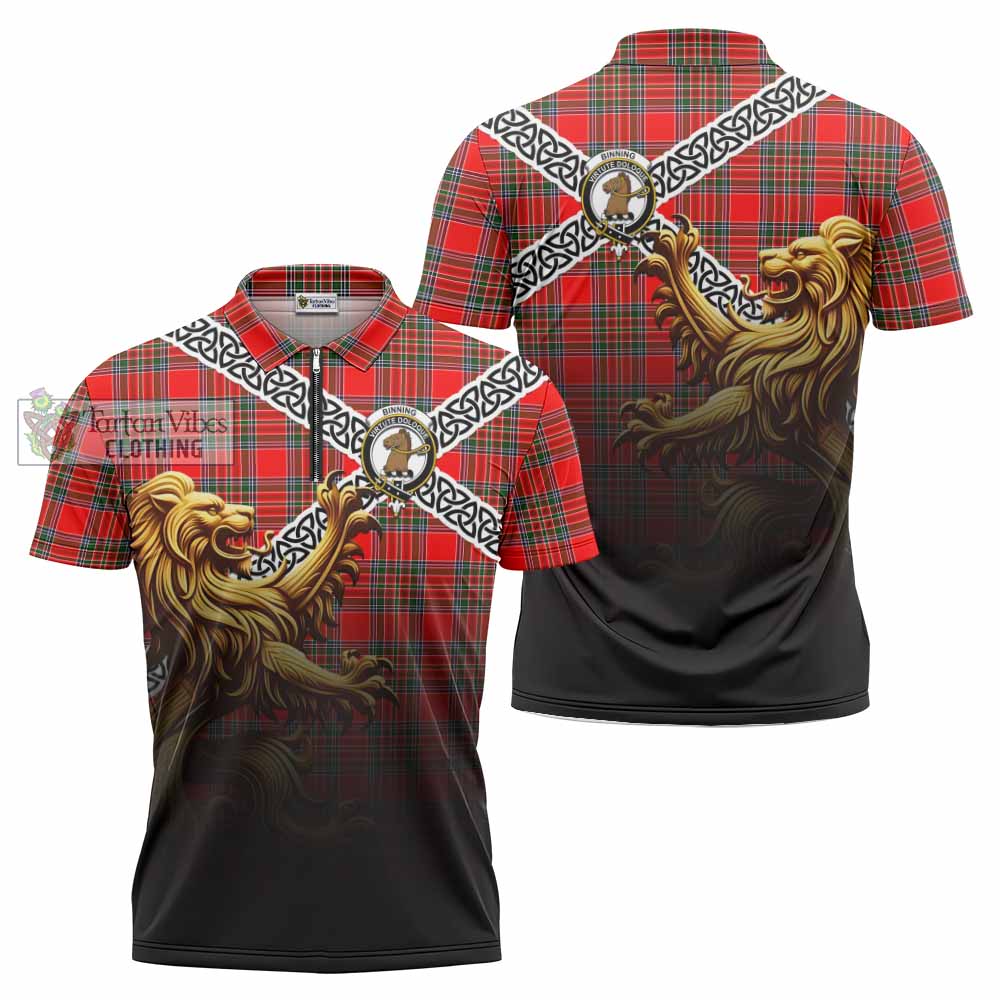 Binning Crest Tartan Zipper Polo Shirt with Golden Lion Emblem Celtic Style - Tartan Vibes Clothing