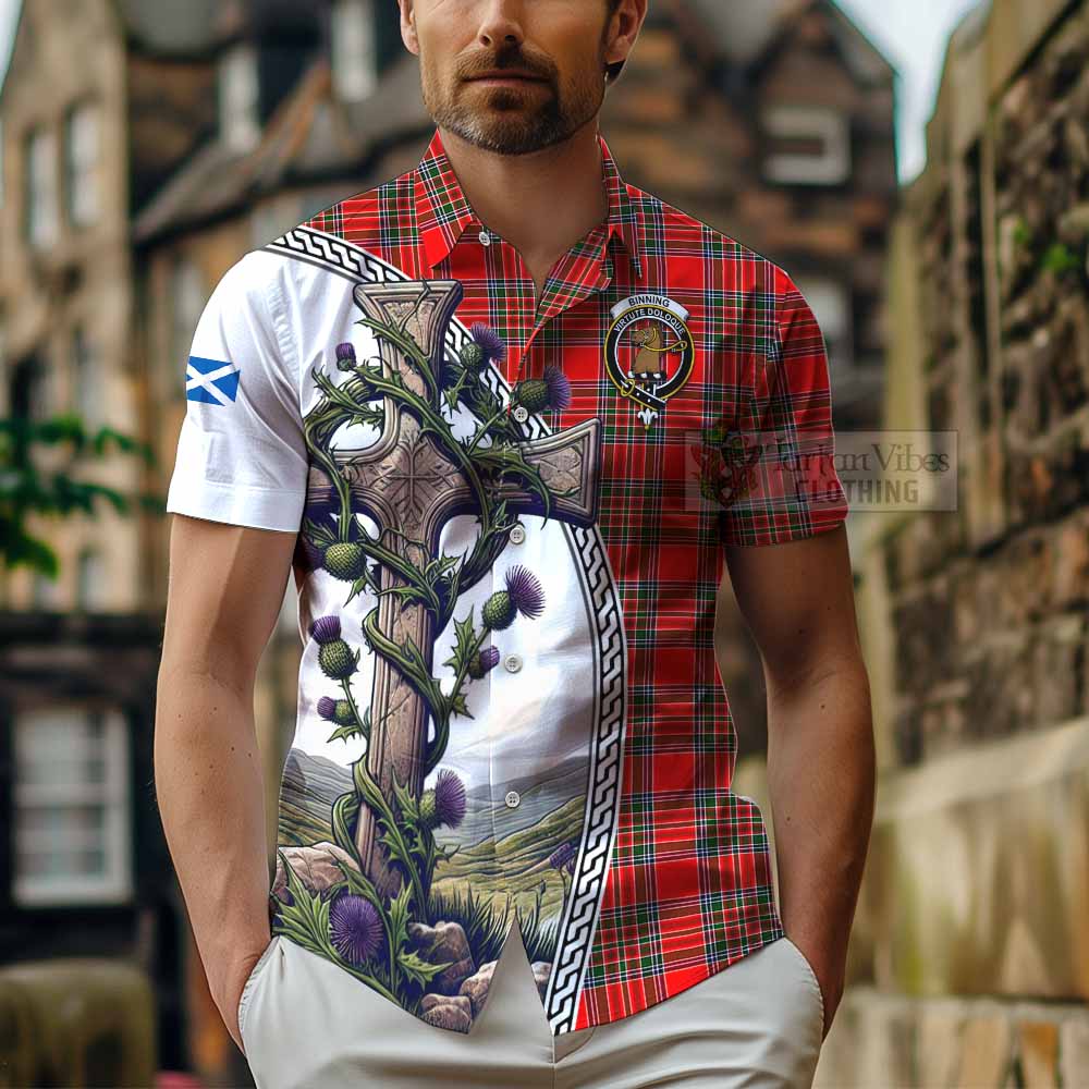Binning Tartan Hawaiian Shirt with Family Crest and St. Andrew's Cross Accented by Thistle Vines - Tartan Vibes Clothing