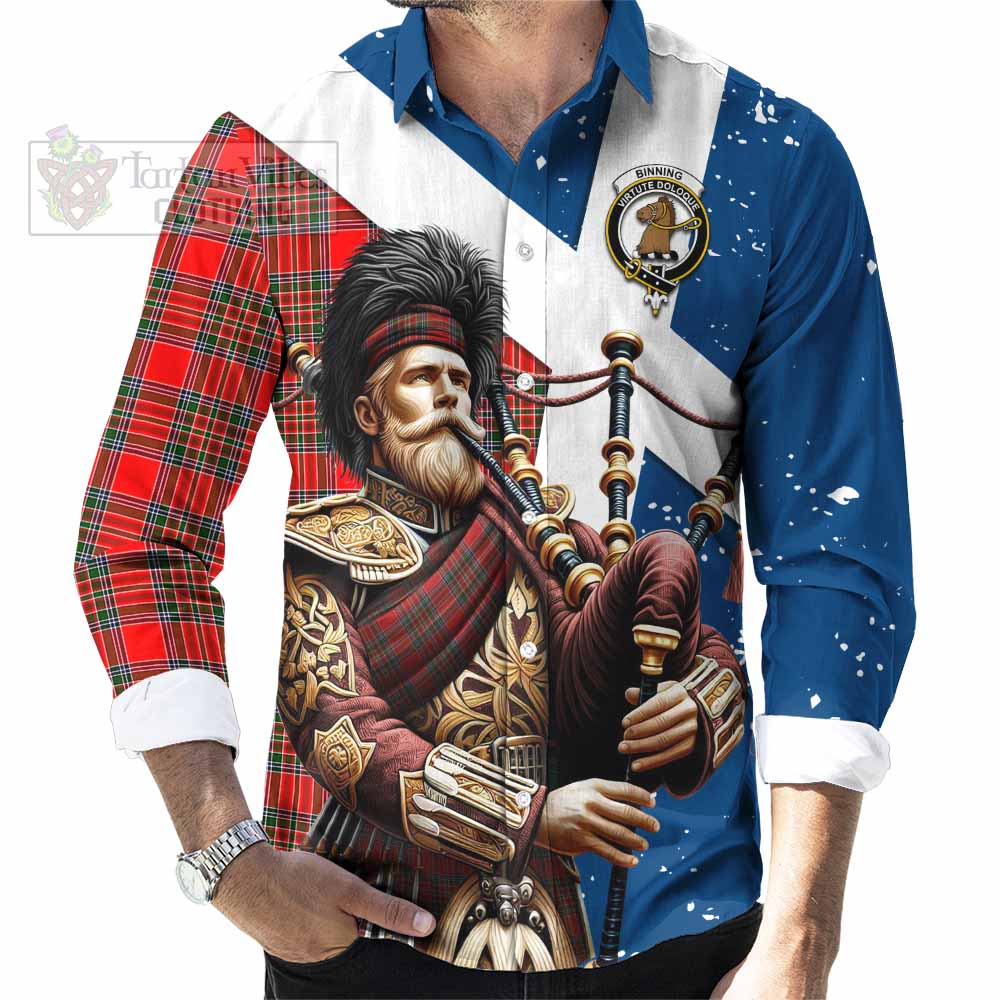 Binning Tartan Long Sleeve Button Shirt with Family Crest Scottish Bagpiper Vibes - Tartan Vibes Clothing