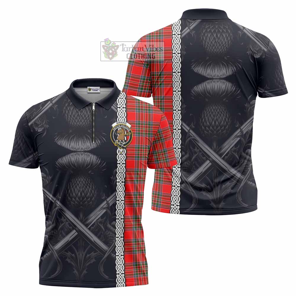 Binning Tartan Zipper Polo Shirt with Family Crest Cross Sword Thistle Celtic Vibes - Tartan Vibes Clothing