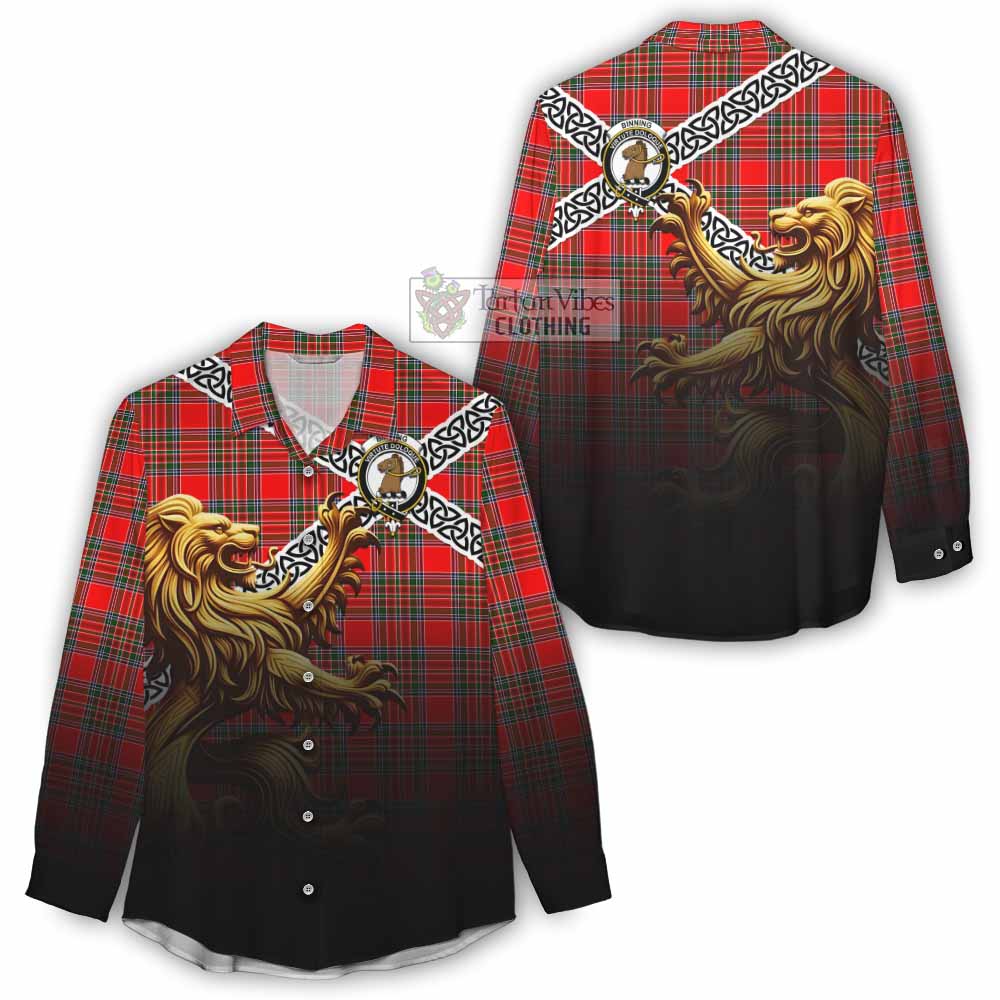 Binning Crest Tartan Women's Casual Shirt with Golden Lion Emblem Celtic Style - Tartan Vibes Clothing