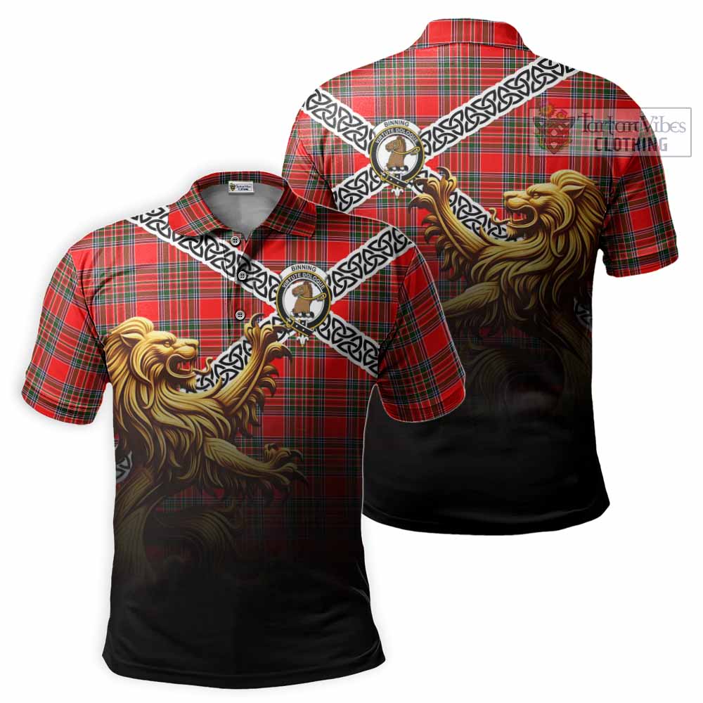 Binning Crest Tartan Polo Shirt with Golden Lion Emblem Celtic Style - Tartan Vibes Clothing