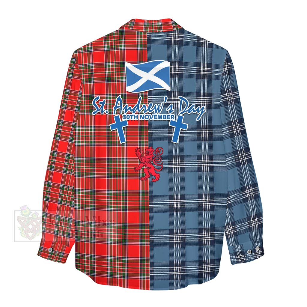 Binning Tartan Women's Casual Shirt Happy St. Andrew's Day Half Tartan Style - Tartan Vibes Clothing