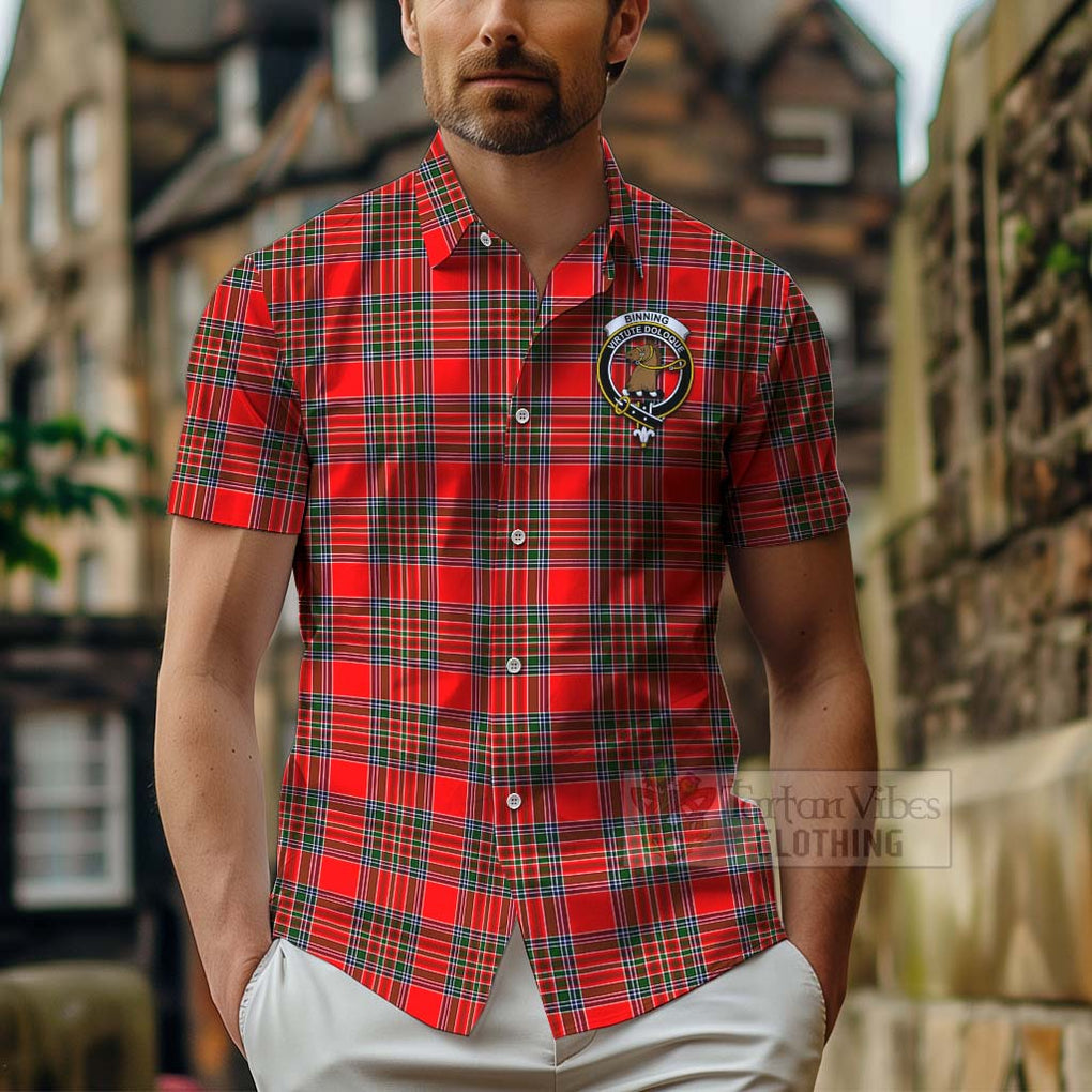 Binning Tartan Hawaiian Shirt with Family Crest Celtic Skull Style - Tartan Vibes Clothing