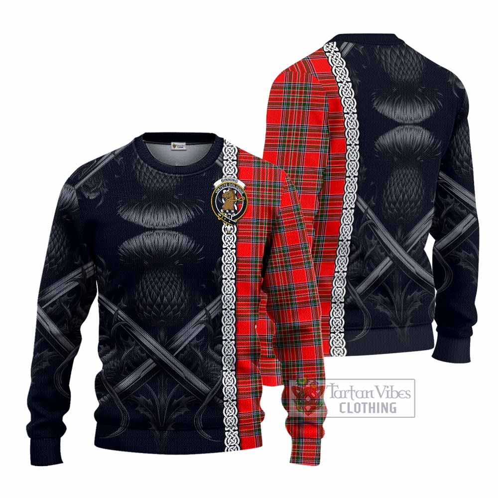 Binning Tartan Knitted Sweater with Family Crest Cross Sword Thistle Celtic Vibes - Tartan Vibes Clothing