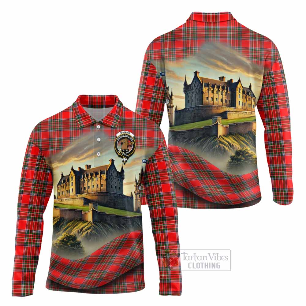 Binning Tartan Family Crest Long Sleeve Polo Shirt with Scottish Ancient Castle Style - Tartan Vibes Clothing