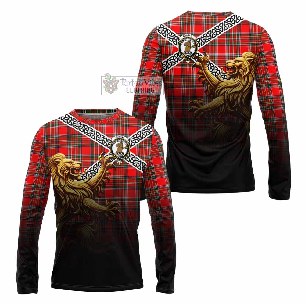 Binning Crest Tartan Long Sleeve T-Shirt with Golden Lion Emblem Celtic Style - Tartan Vibes Clothing