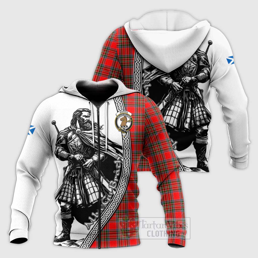 Binning Tartan Clan Crest Knitted Hoodie with Highlander Warrior Celtic Style Unisex Knitted Zip Hoodie - Tartan Vibes Clothing