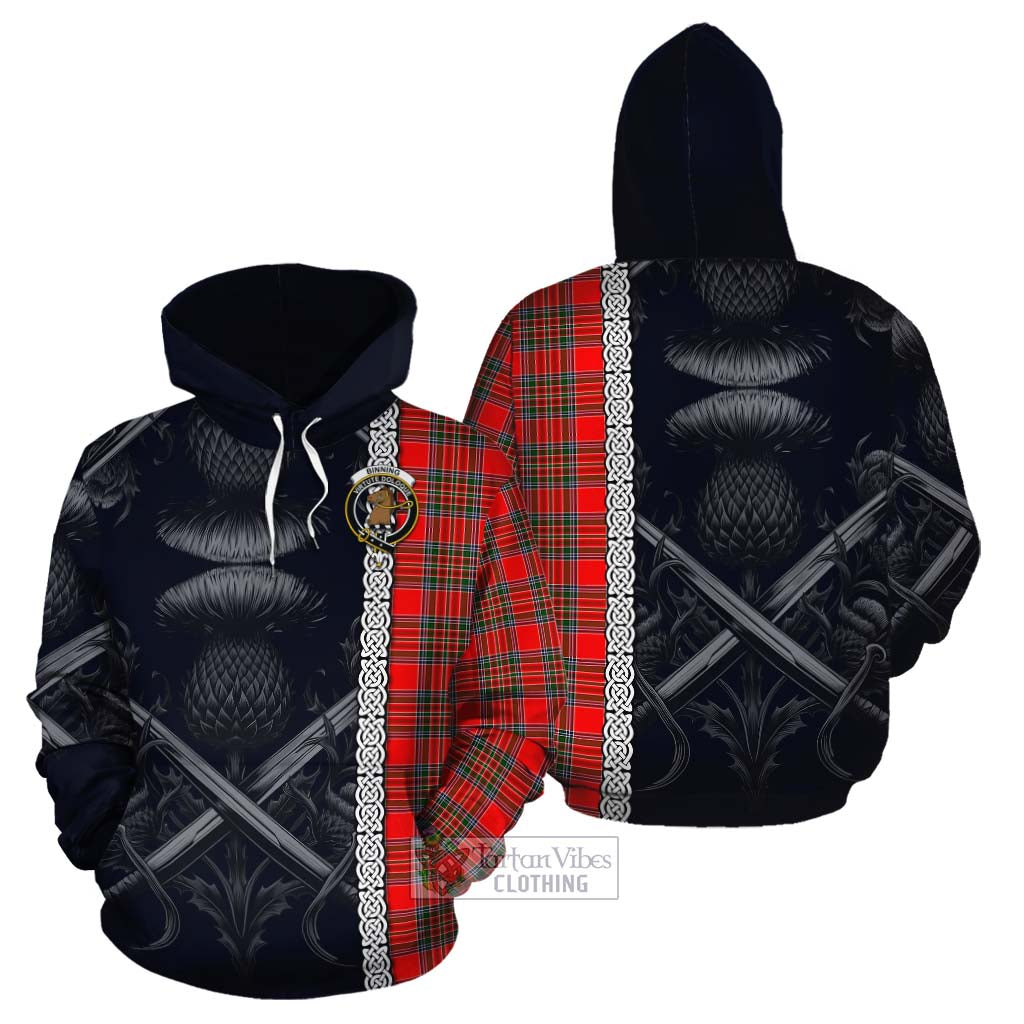 Binning Tartan Cotton Hoodie with Family Crest Cross Sword Thistle Celtic Vibes - Tartan Vibes Clothing