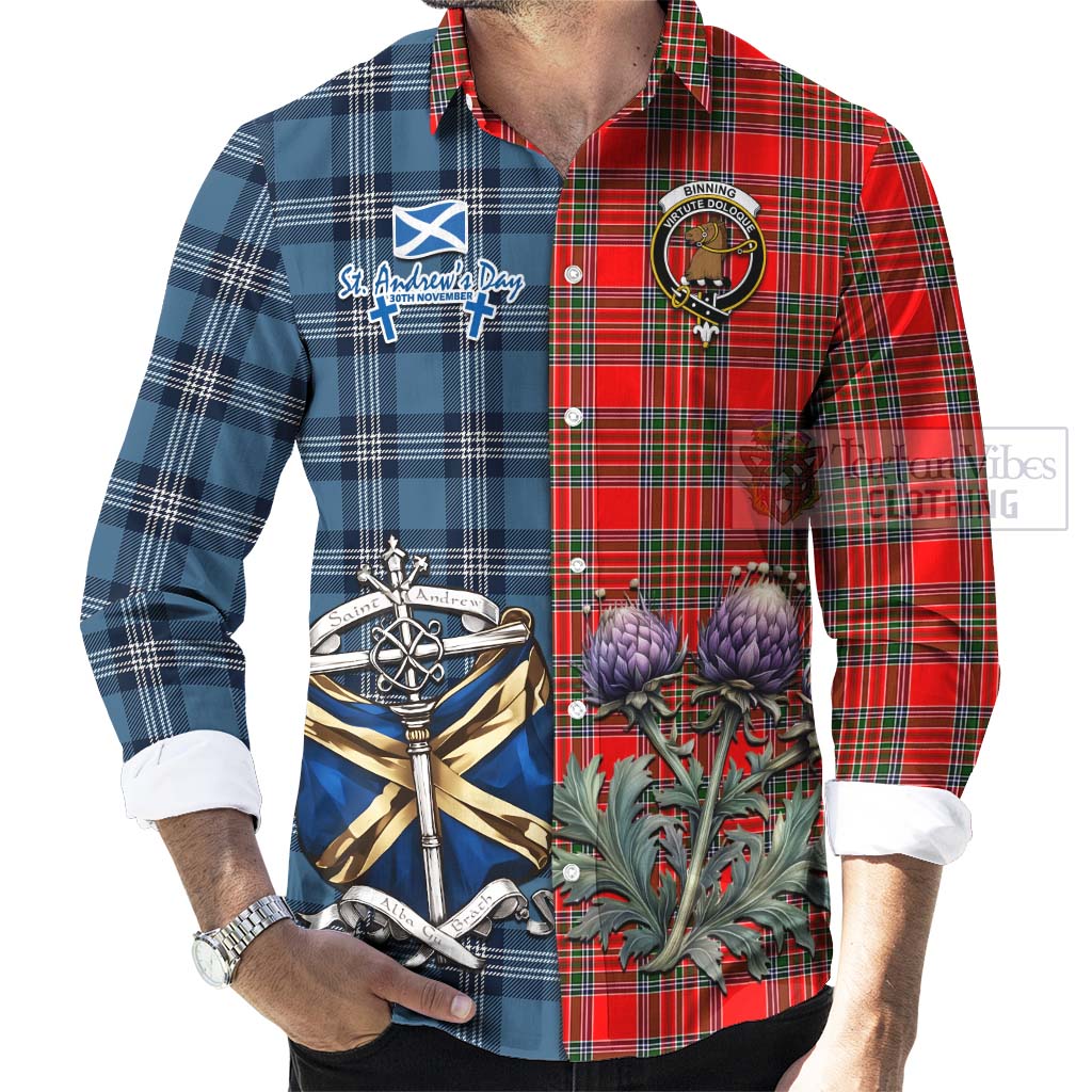 Binning Tartan Long Sleeve Button Shirt Happy St. Andrew's Day Half Tartan Style - Tartan Vibes Clothing