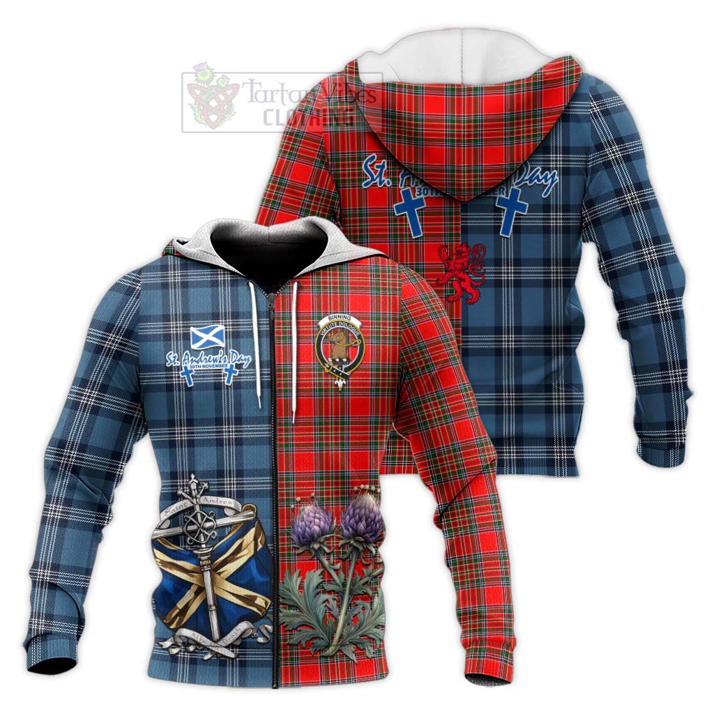 Binning Tartan Knitted Hoodie Happy St. Andrew's Day Half Tartan Style Unisex Knitted Zip Hoodie - Tartan Vibes Clothing