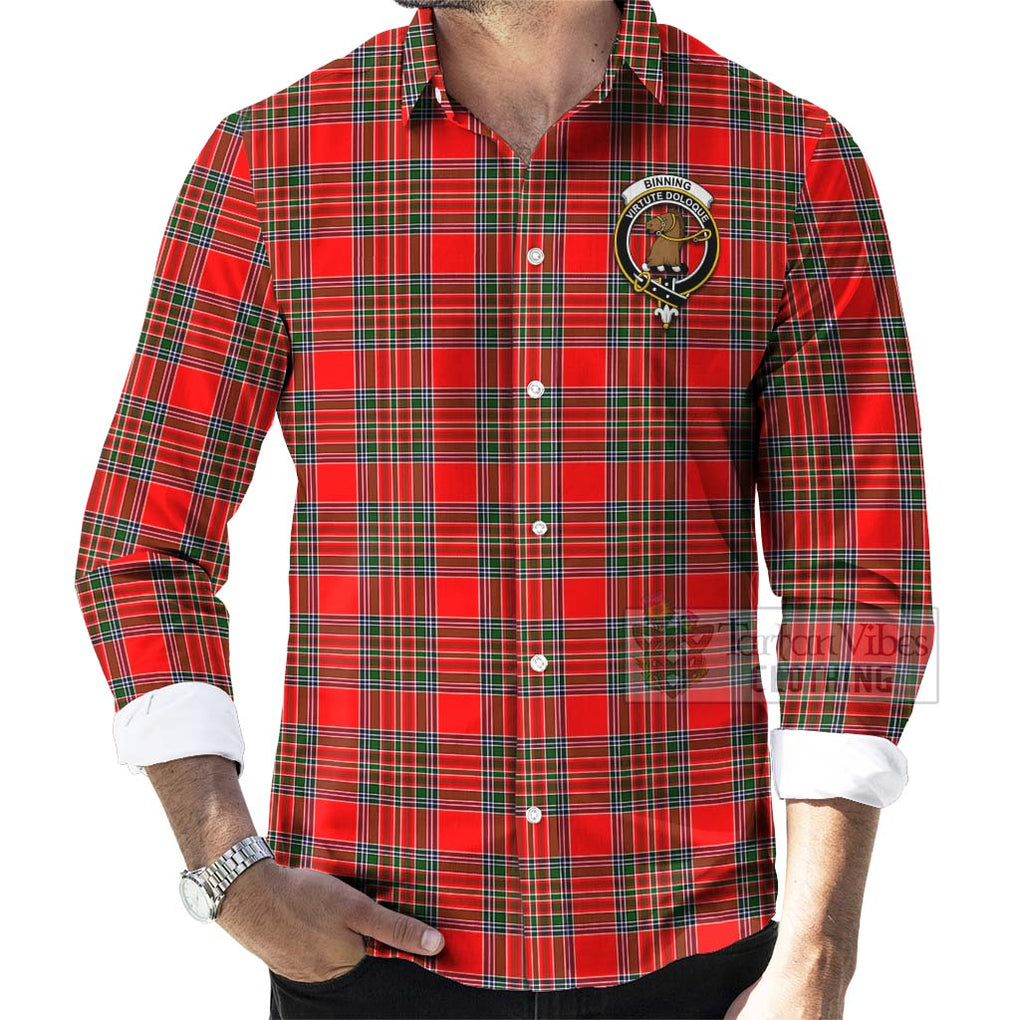 Binning Tartan Long Sleeve Button Shirt with Family Crest Celtic Skull Style - Tartan Vibes Clothing