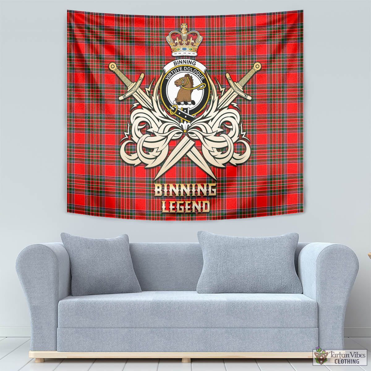 Tartan Vibes Clothing Binning Tartan Tapestry with Clan Crest and the Golden Sword of Courageous Legacy