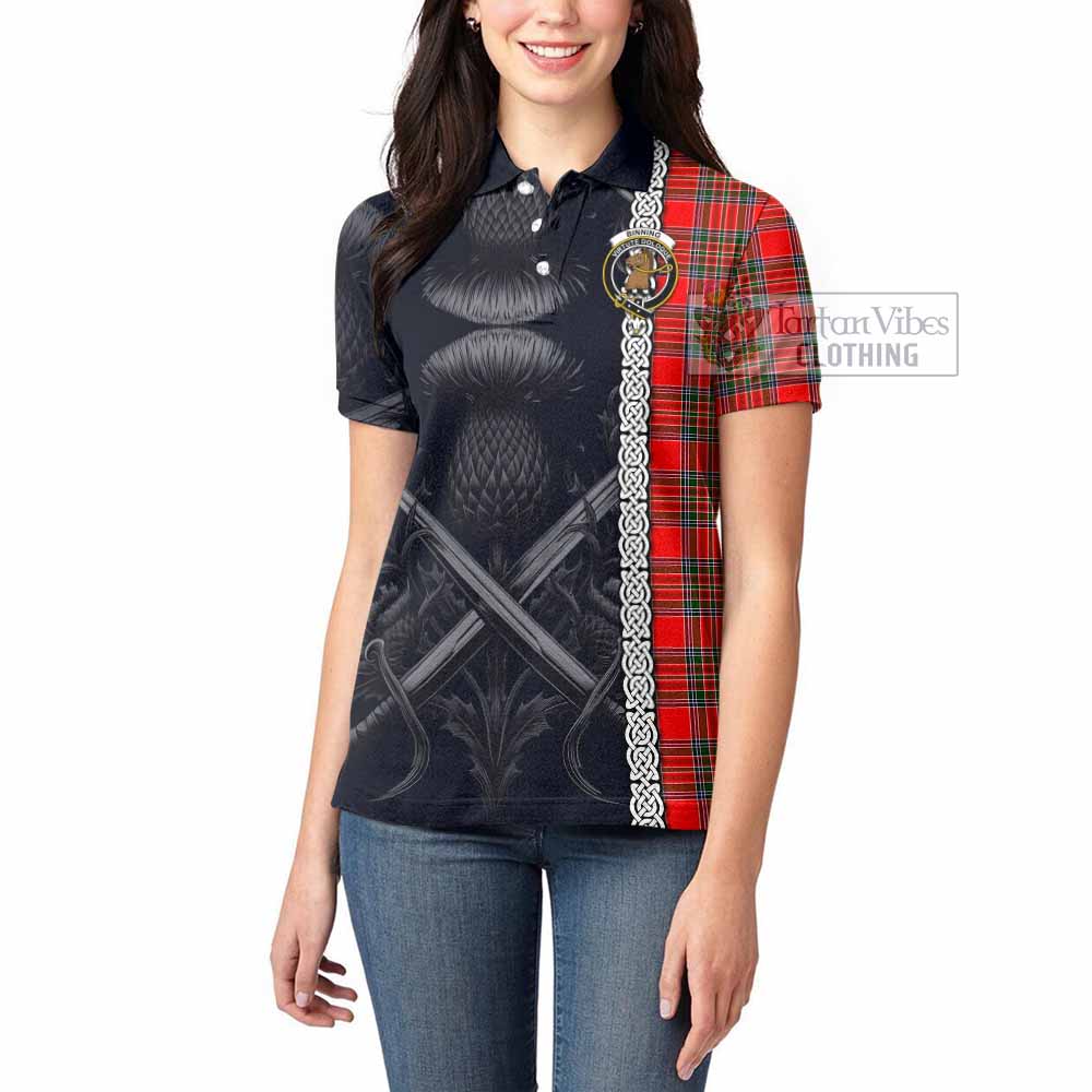 Binning Tartan Women's Polo Shirt with Family Crest Cross Sword Thistle Celtic Vibes - Tartan Vibes Clothing