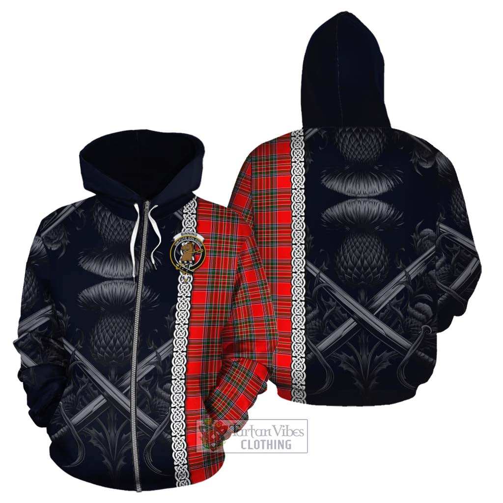 Binning Tartan Cotton Hoodie with Family Crest Cross Sword Thistle Celtic Vibes Zip Hoodie - Tartan Vibes Clothing