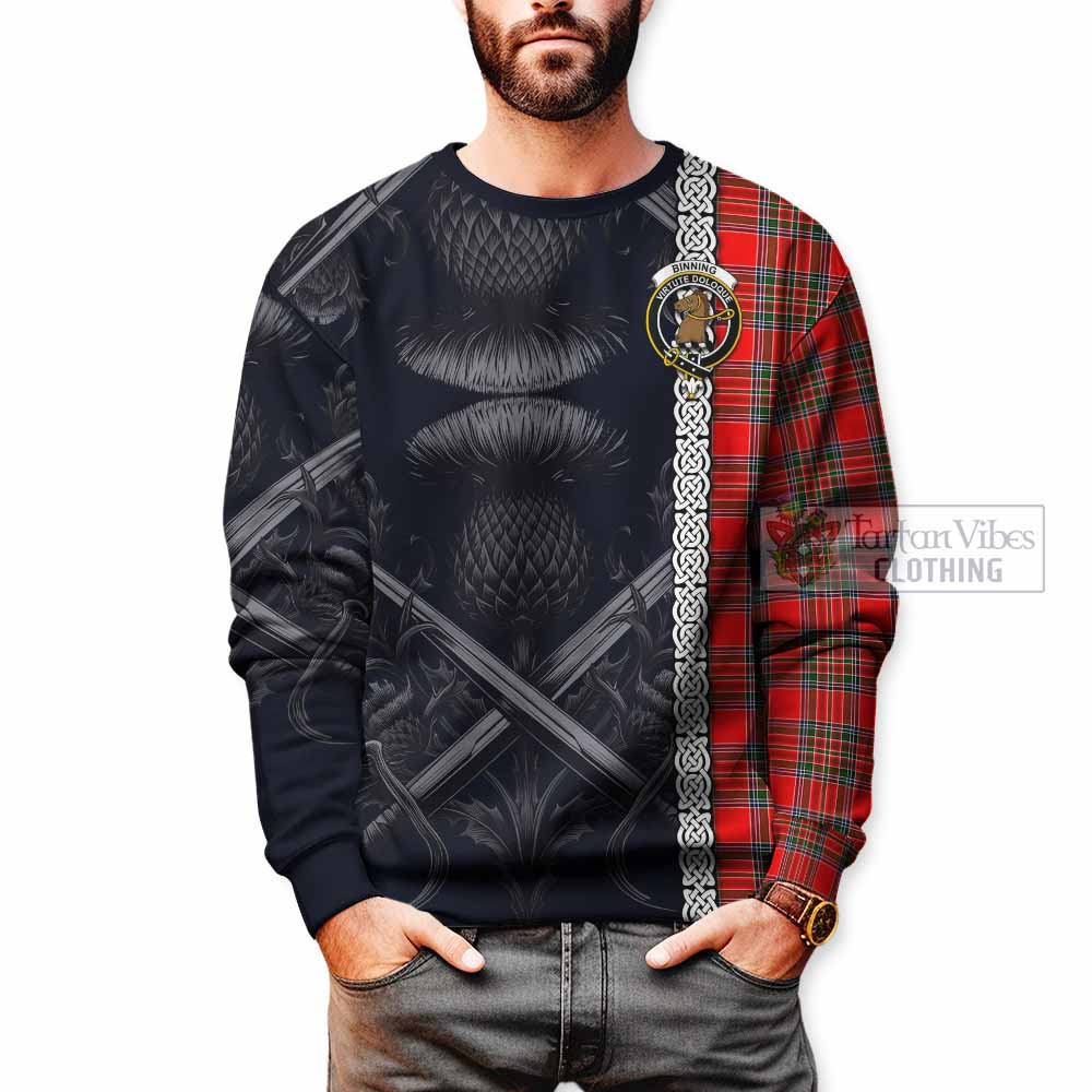 Binning Tartan Sweatshirt with Family Crest Cross Sword Thistle Celtic Vibes - Tartan Vibes Clothing