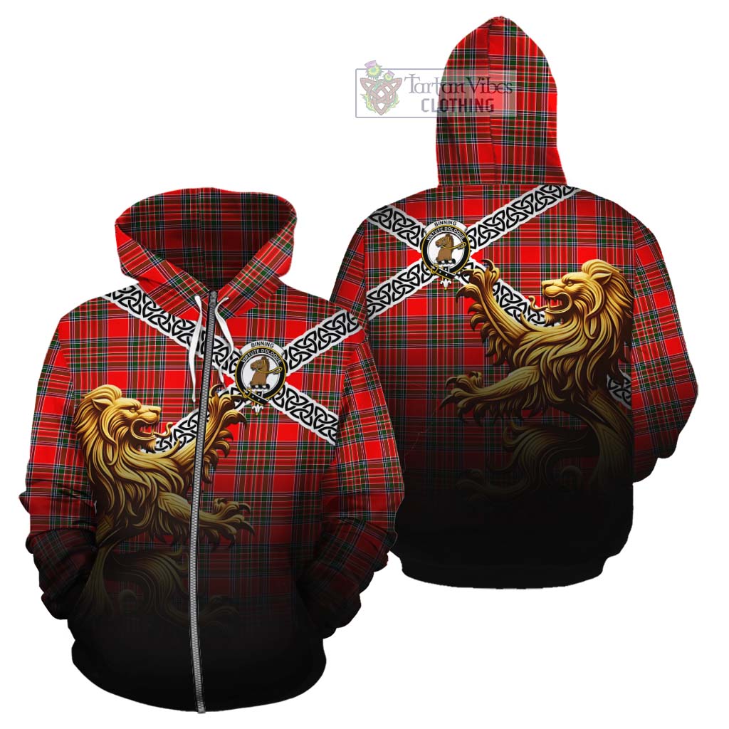 Binning Crest Tartan Cotton Hoodie with Golden Lion Emblem Celtic Style Zip Hoodie - Tartan Vibes Clothing