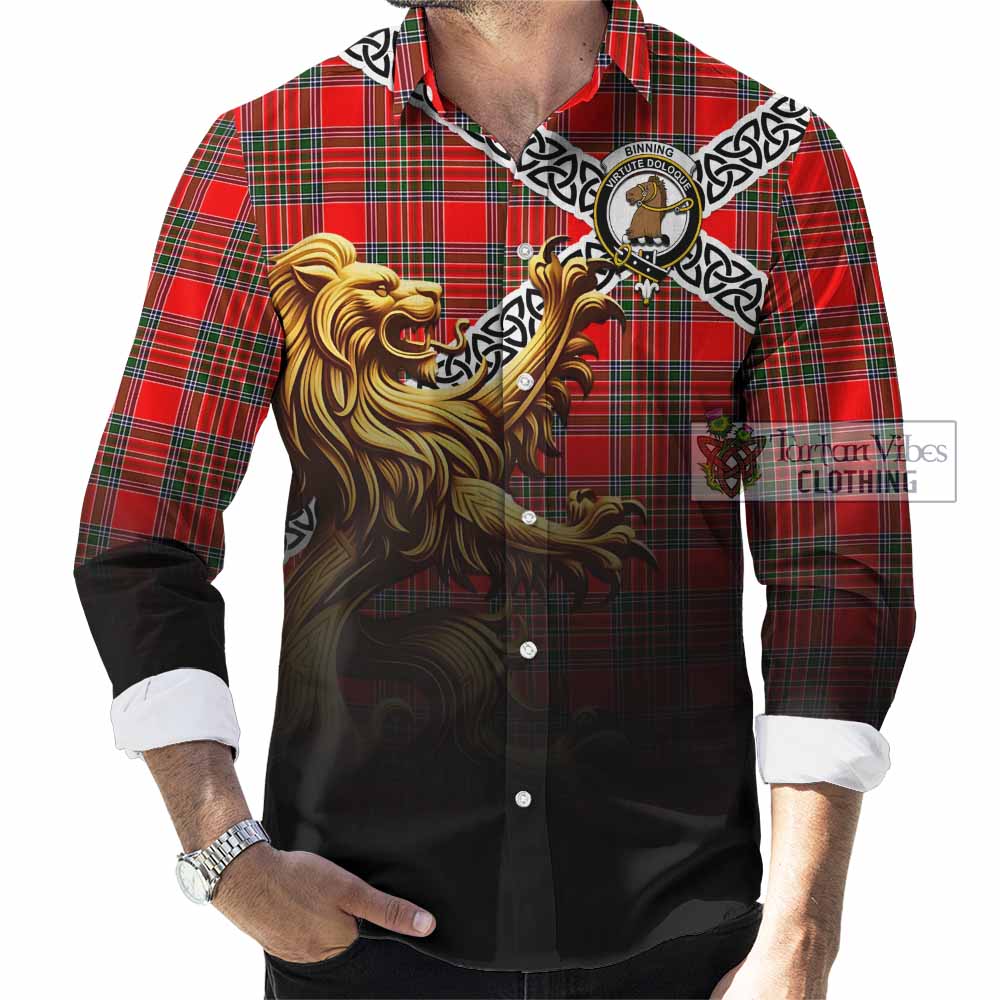 Binning Crest Tartan Long Sleeve Button Shirt with Golden Lion Emblem Celtic Style - Tartan Vibes Clothing