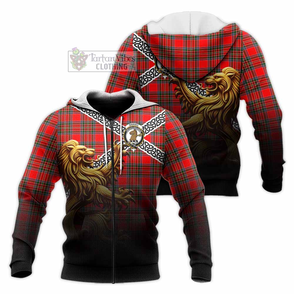 Binning Crest Tartan Knitted Hoodie with Golden Lion Emblem Celtic Style Unisex Knitted Zip Hoodie - Tartan Vibes Clothing