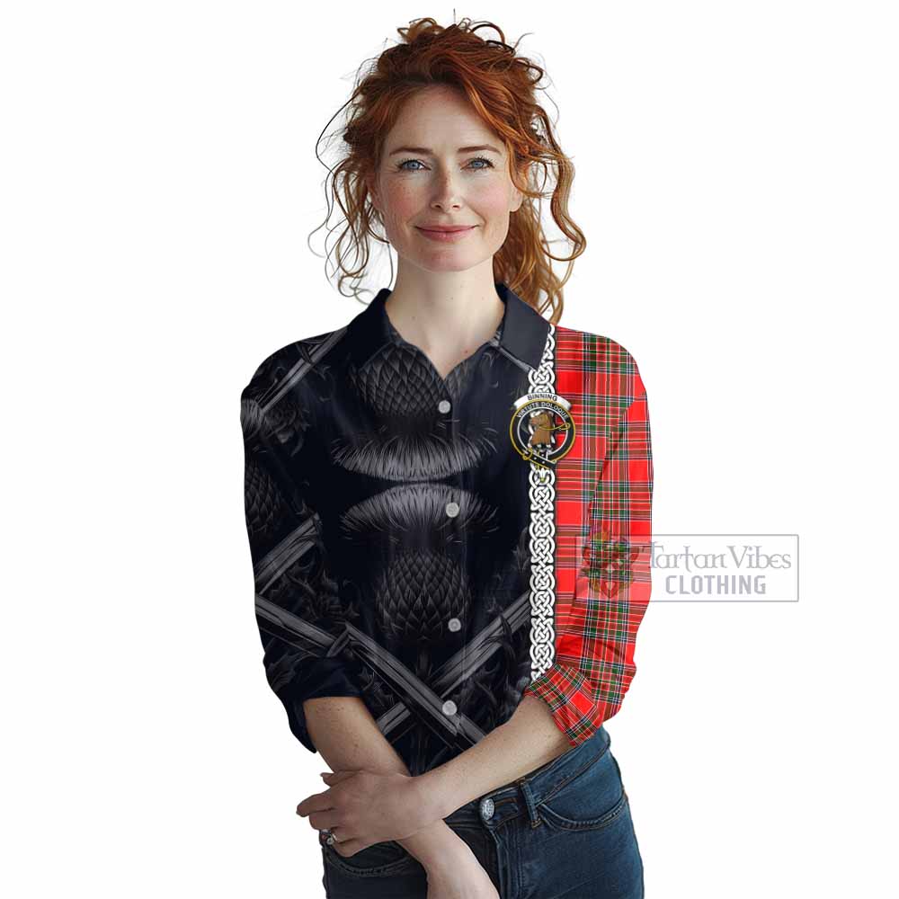 Binning Tartan Women's Casual Shirt with Family Crest Cross Sword Thistle Celtic Vibes - Tartan Vibes Clothing