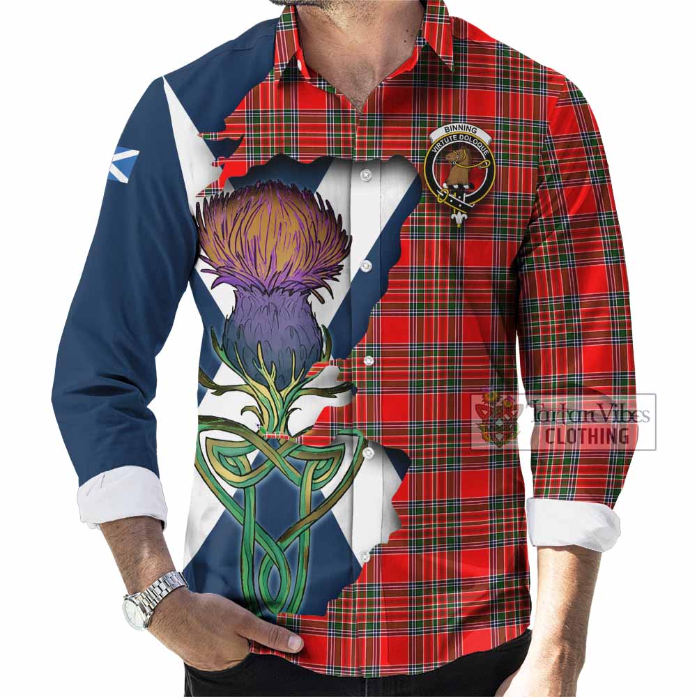 Tartan Vibes Clothing Binning Tartan Family Crest Long Sleeve Button Shirt Scottish Thistle Celtic Inspired
