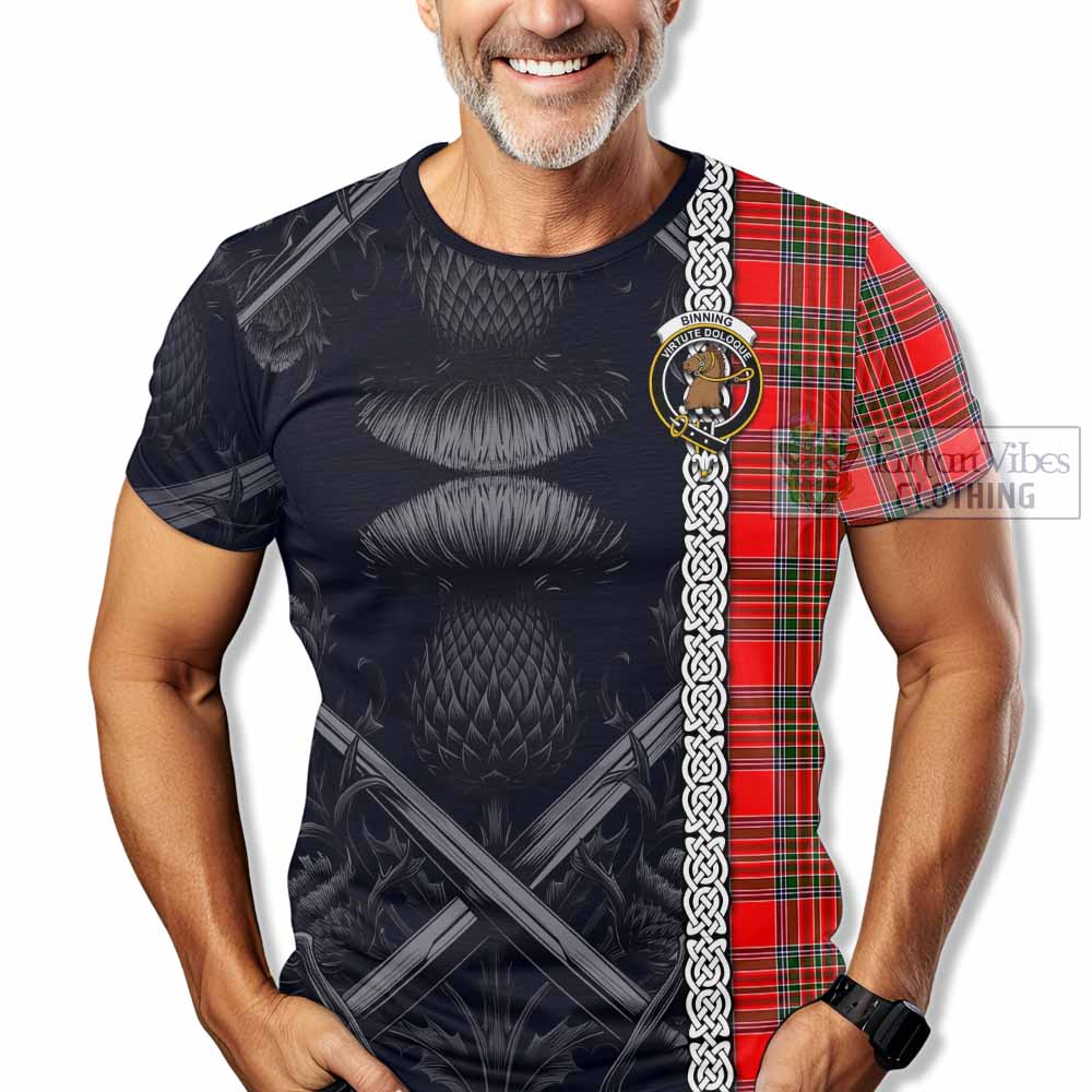 Binning Tartan T-Shirt with Family Crest Cross Sword Thistle Celtic Vibes - Tartan Vibes Clothing