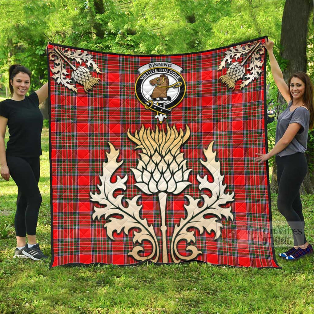Binning Tartan Quilt with Family Crest and Golden Thistle Style - Tartan Vibes Clothing