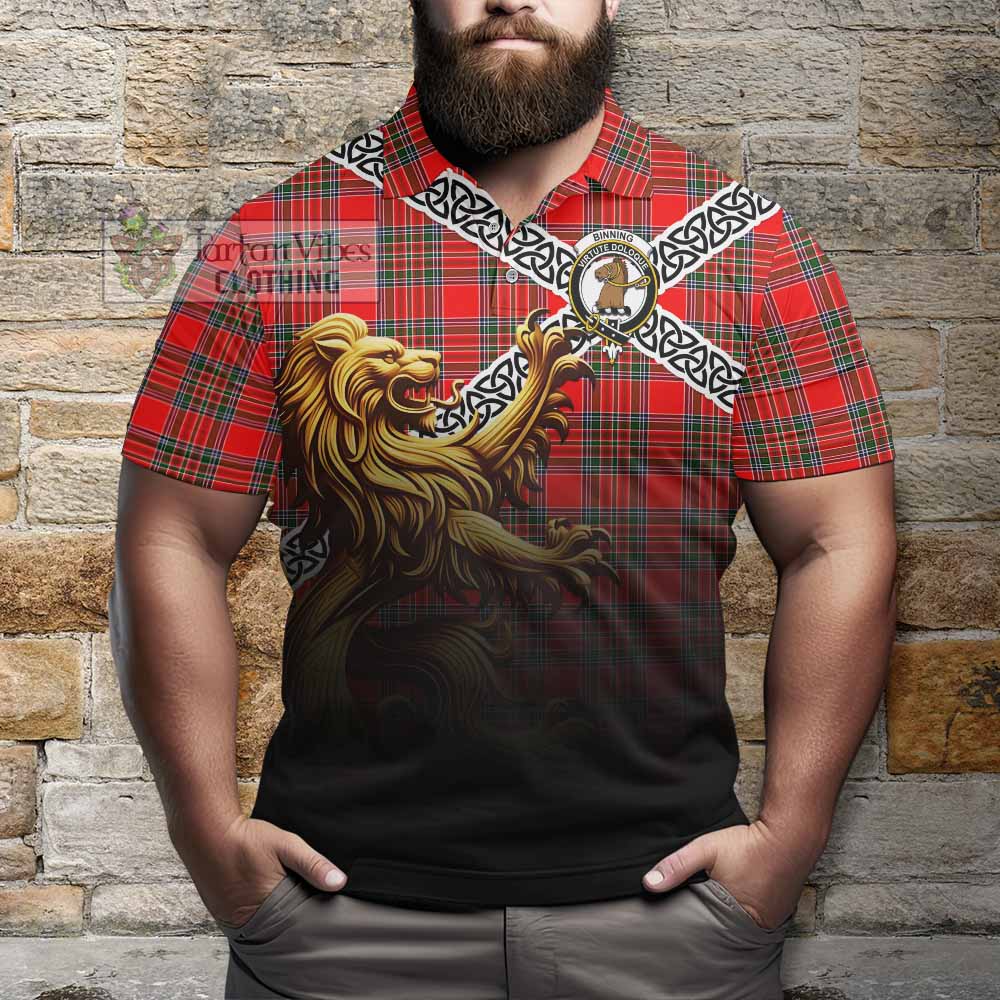 Binning Crest Tartan Polo Shirt with Golden Lion Emblem Celtic Style - Tartan Vibes Clothing