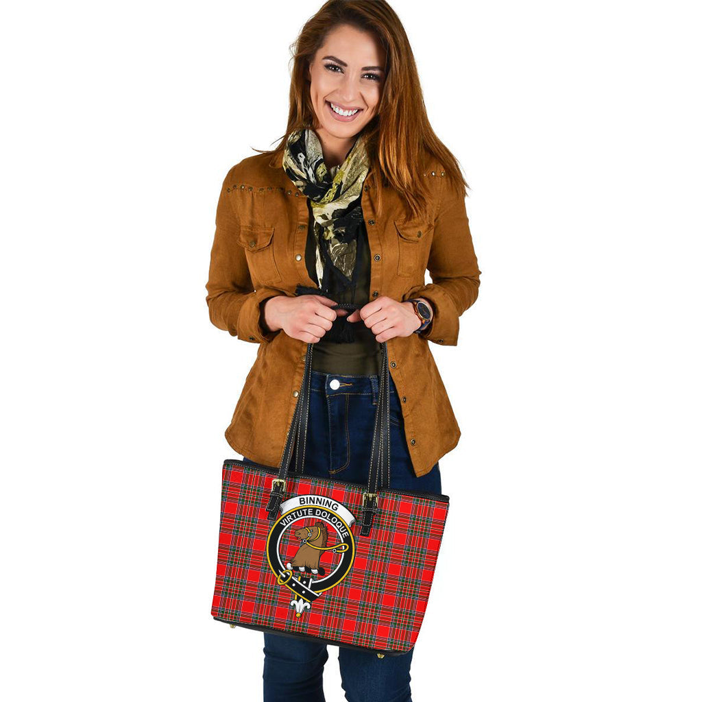 Binning Tartan Leather Tote Bag with Family Crest - Tartan Vibes Clothing