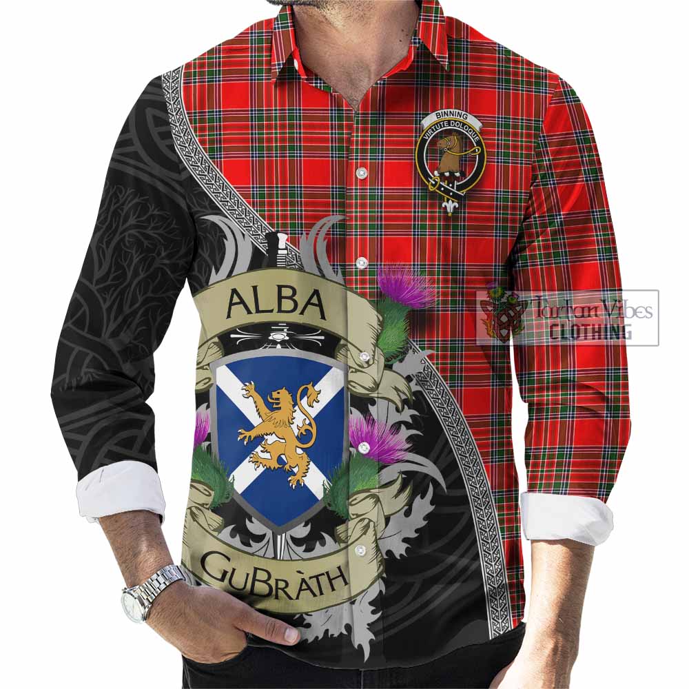 Binning Tartan Family Crest Long Sleeve Button Shirt Lion Rampant Royal Thistle Shield Celtic Inspired - Tartan Vibes Clothing
