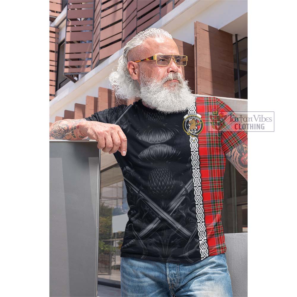 Binning Tartan Cotton T-shirt with Family Crest Cross Sword Thistle Celtic Vibes - Tartan Vibes Clothing