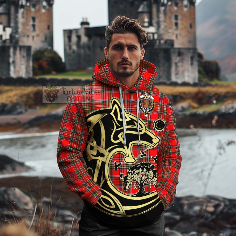 Binning Tartan Cotton Hoodie with Family Crest Celtic Wolf Style - Tartan Vibes Clothing
