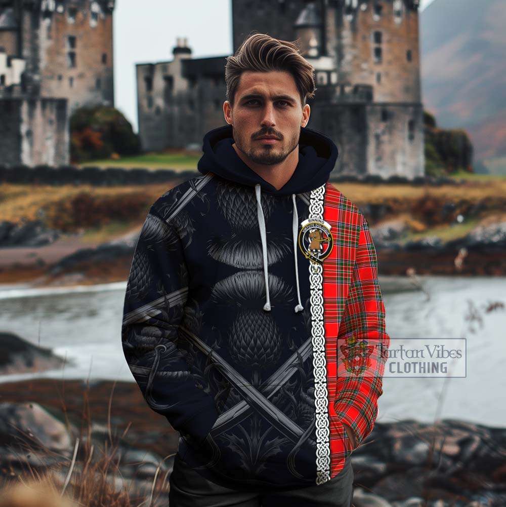 Binning Tartan Cotton Hoodie with Family Crest Cross Sword Thistle Celtic Vibes - Tartan Vibes Clothing