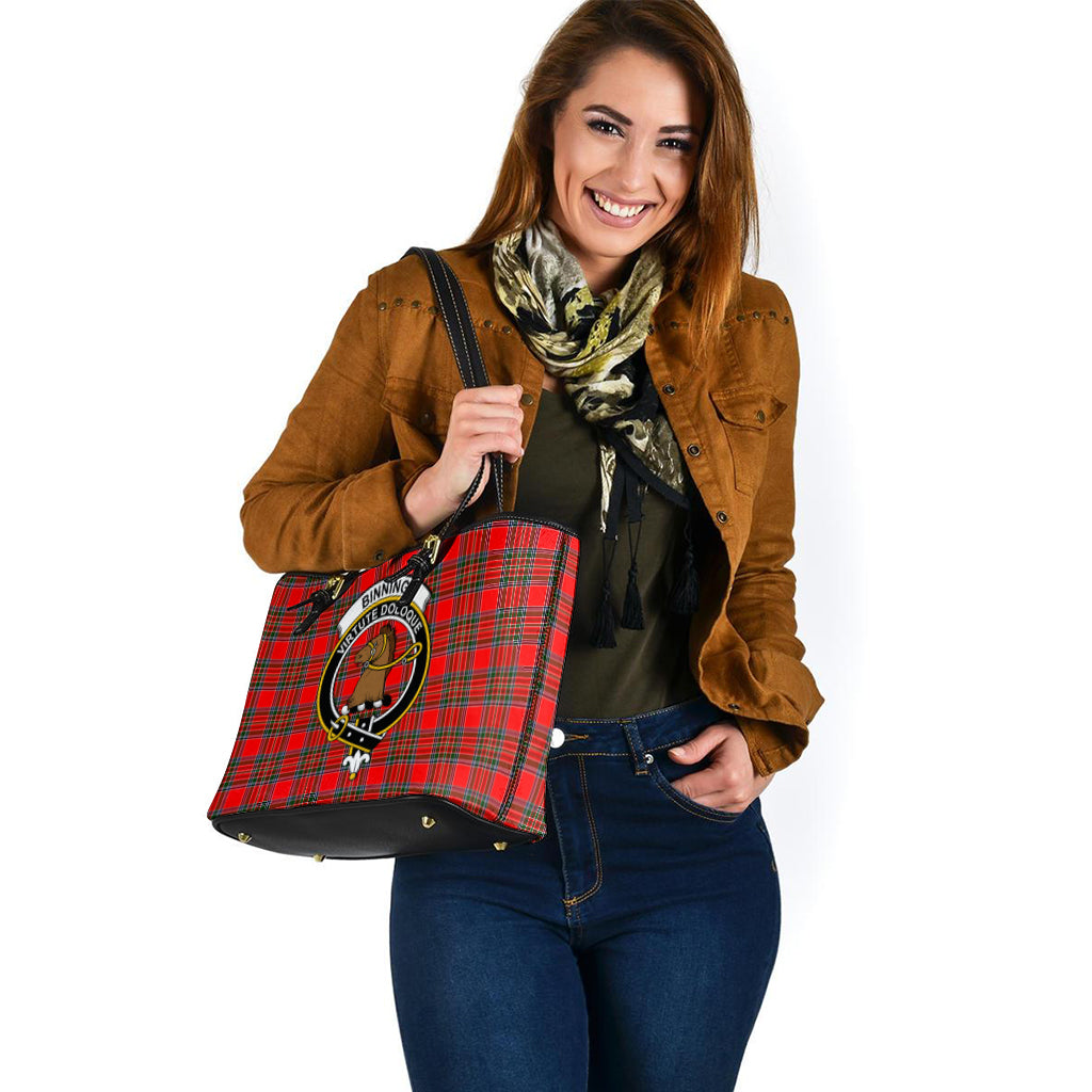 Binning Tartan Leather Tote Bag with Family Crest - Tartan Vibes Clothing