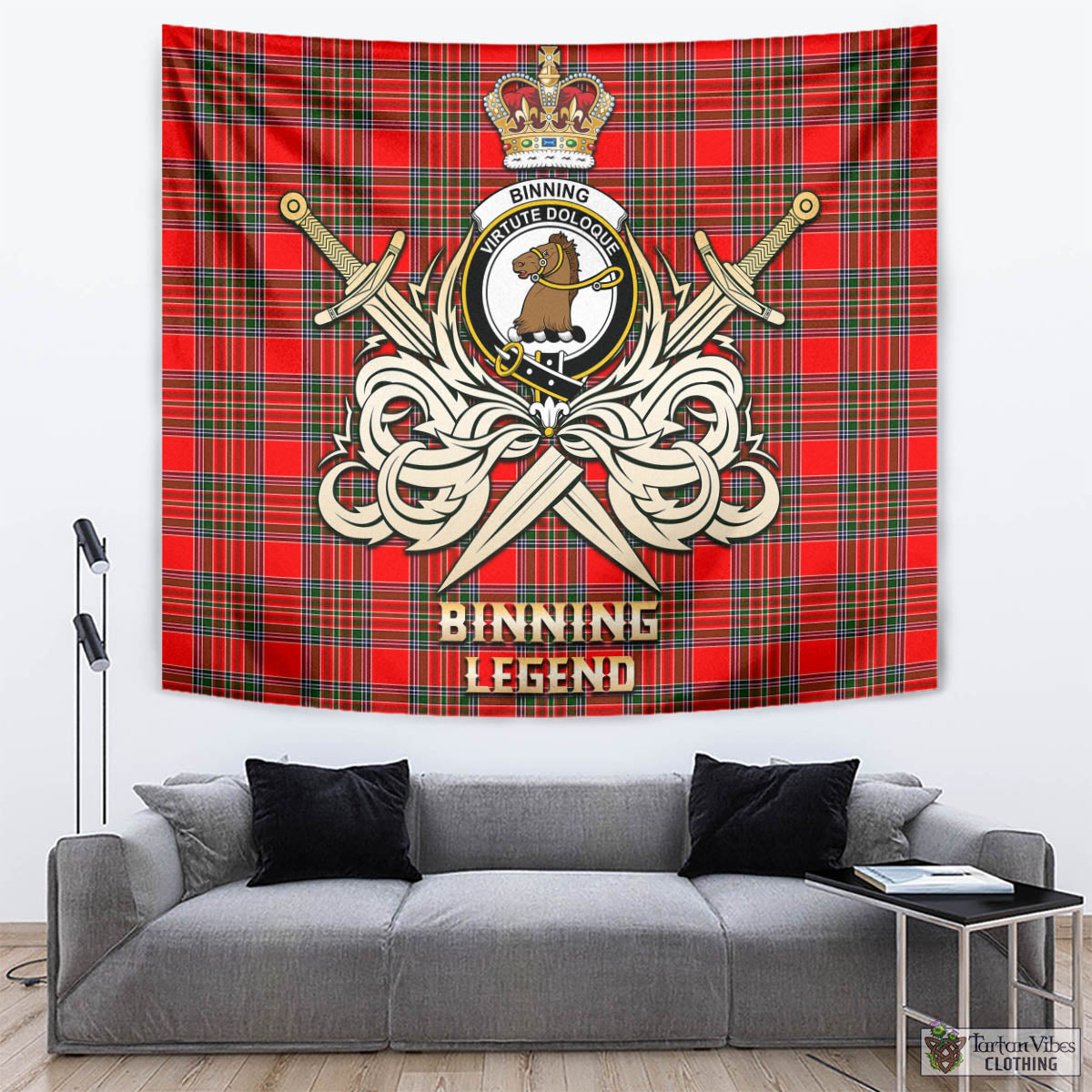 Tartan Vibes Clothing Binning Tartan Tapestry with Clan Crest and the Golden Sword of Courageous Legacy