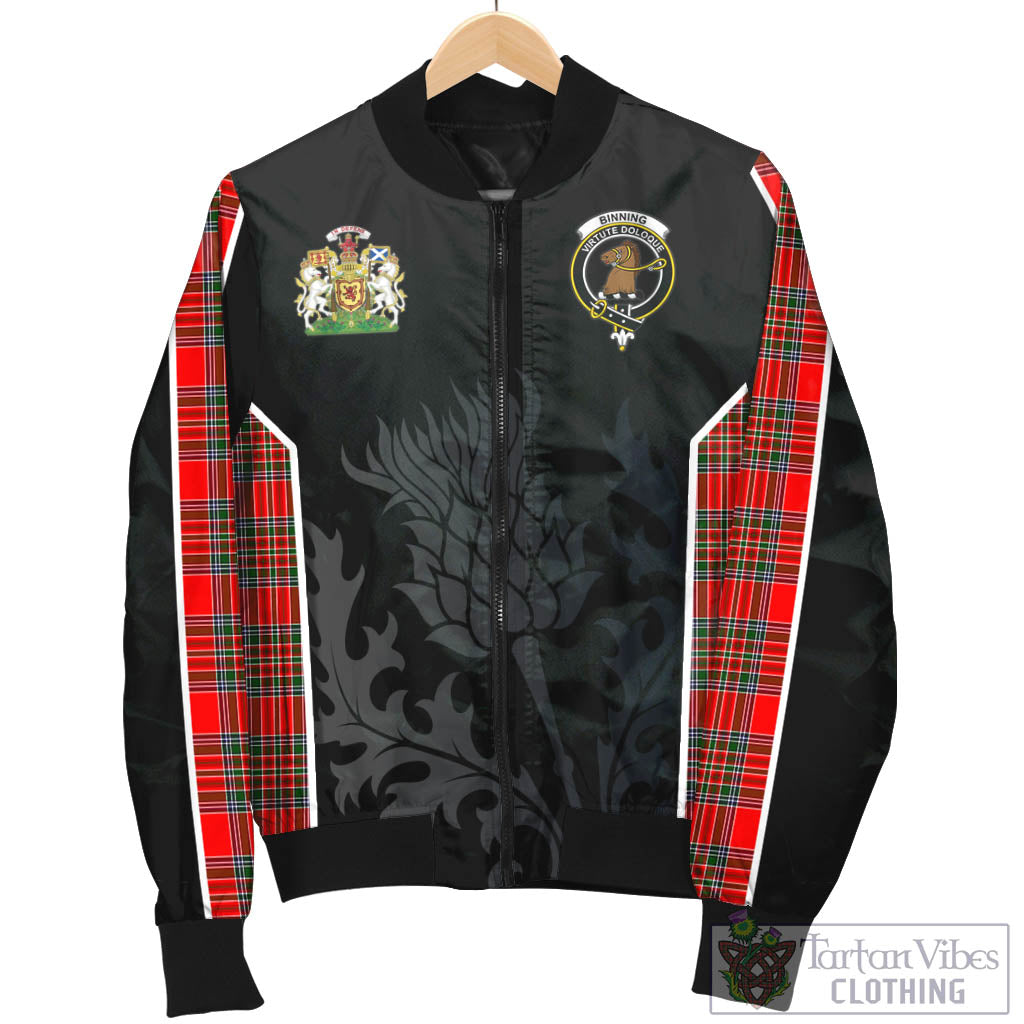 Binning Tartan Bomber Jacket with Family Crest and Scottish Thistle Vibes Sport Style - Tartan Vibes Clothing
