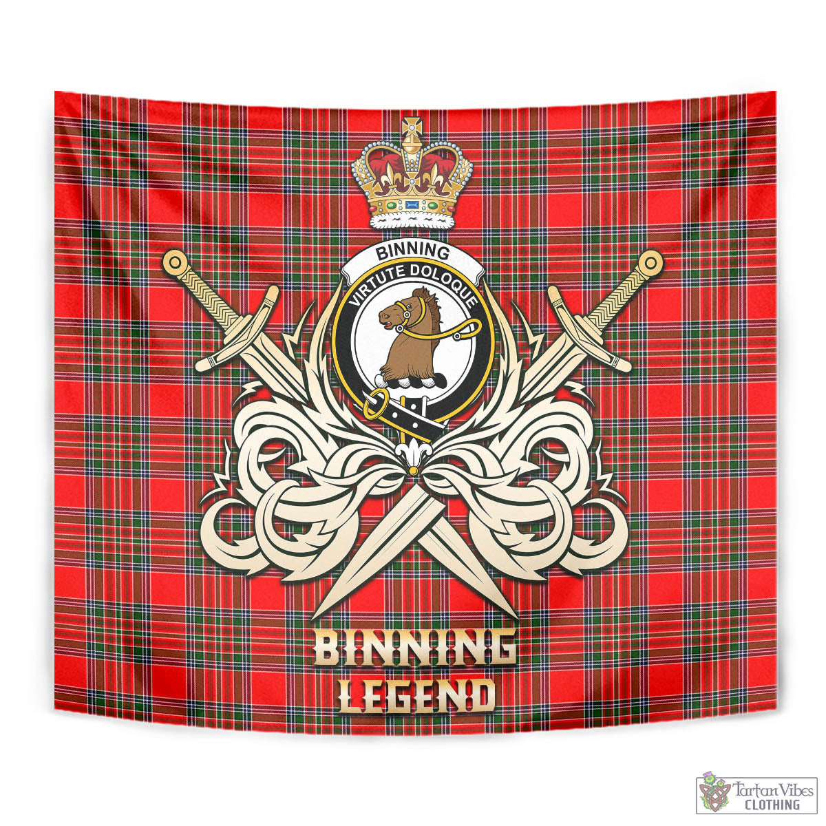 Tartan Vibes Clothing Binning Tartan Tapestry with Clan Crest and the Golden Sword of Courageous Legacy